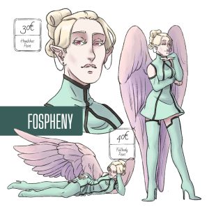 Fiche de charadesign de "Fosphény", une femme séduisante, blonde, grande et avec des ailes rose dans le dos