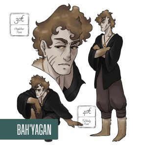 Fiche de charadesign de "Bah'yagan", un jeune homme au cheveux bouclé et au bout de membre remplis de poiles.