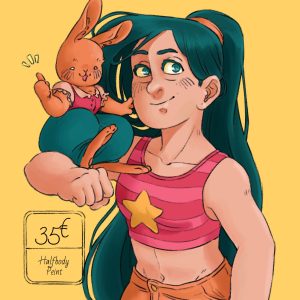 Jeune femme avec un croc top rose et une étoile au centre, portant un lapin habillé de rose et vert.