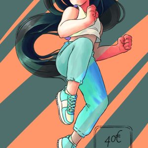 Une jeune femme au cheveux noir, habillé en jogging turquoise.