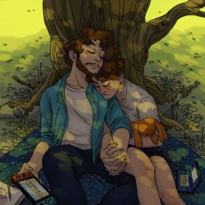 Un couple se repose sous un arbre, les mains jointent. La femme tiens un lapin en peluche orange et l'homme une console switch.