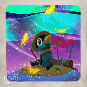 Un oiseau qui porte un chapeau de paille et qui est entouré de pelle, seau et baton, regarde un ciel très coloré avec des aurores boréales.