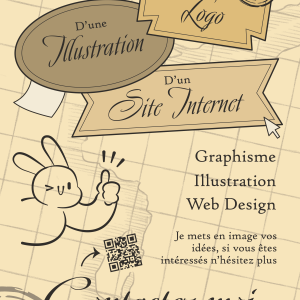 Fond de carte maritime, avec des étiquettes, et du textes en typographie manuscrite, et un lapin qui fait un pouce.