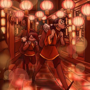 Deux personnages se baladent dans une rue au couleur rouge, avec des lanternes au plafond, dans le style asiatique.