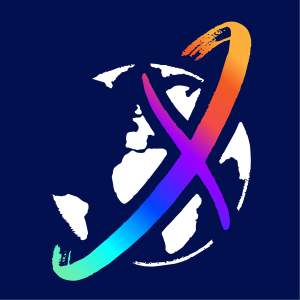 Logo United X, une association qui facilite les rencontres entre expatriés. Une planète surmonter d'un X multi colore.