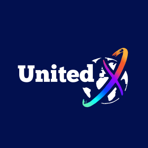 Logo United X, une association qui facilite les rencontres entre expatriés. "United" à coté d'une planète surmonter d'un X multi colore.