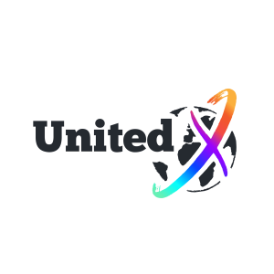 Logo United X, une association qui facilite les rencontres entre expatriés. "United" à coté d'une planète surmonter d'un X multi colore.