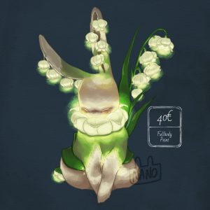 Lapin qui illustre le mois de mai, un lapin blanc avec des muguets lumineux dans les oreilles et autour du cou.