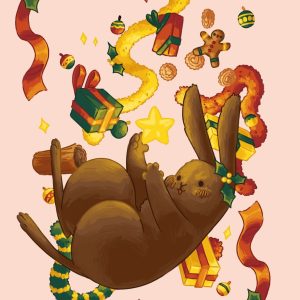 Carte de voeux, un lapin entouré de cadeaux, guirlandes et boules de noël.