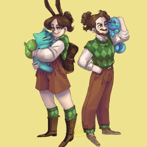 Représentation de moi et mon compagnon avec nos pokémons préférés, Bulbizarre que je surnomme Bulbi et Carapuce que l'on surnomme Crapy. Nous sommes habillés avec les mêmes couleurs, bas marron et haut vert avec motif à carreaux. Nous sommes prêt pour l'aventure !
