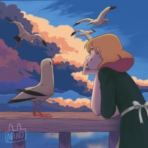 Une jeune femme est accoudée à une barrière en bois, rêvassant en regardant les mouettes volant dans le ciel au couleur bleu et rose. Une autre mouette est a ses cotés.