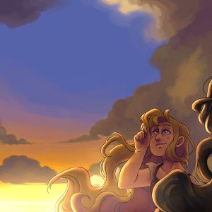 Deux jeunes femmes regarde un couché de soleil allant du jaune au bleu passant par le rose. L'une d'elle a de long cheveux blond, l'autre des cheveux noirs.