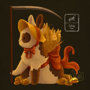Lapin qui illustre le mois de novembre, un lapin beige avec des tâches marrons, avec un chapeau de paille et du blé dans le dos noué à sa taille avec un noeud rouge. Il porte une faux dans les pattes.
