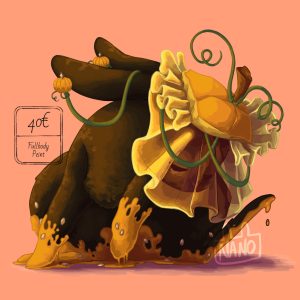 Lapin qui illustre octobre, portant un chapeau citrouille avec un voile et avec les pates trempé de jus de citrouille.