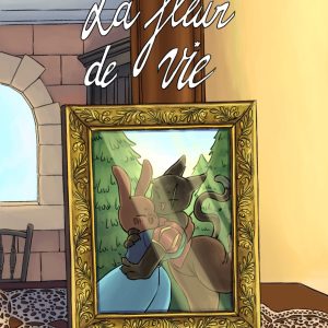 Page de couverture de bande dessinée : Les Aventures du lapin, chapitre : La fleur. Un cadre doré avec une photo d'un chat et d'un lapin qui s'enlace amicalement au milieu d'une forêt. Le cadre est sur un meuble en bois avec un napperon blanc et devant un miroir qui reflète la fenêtre et la bibliothèque derrière.