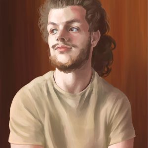 Portrait d'un homme au cheveux brun, bouclé avec une barbe. Dans un style réaliste
