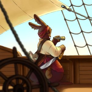 Un lapin pirate observe à la longue vue depuis le pont d'un bateau
