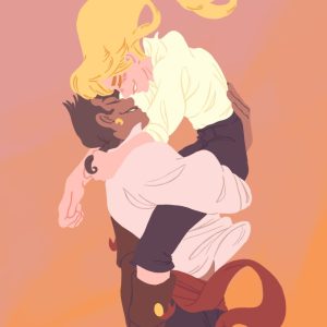 Deux personnages qui s'enlace, sur un fond rose et orange.